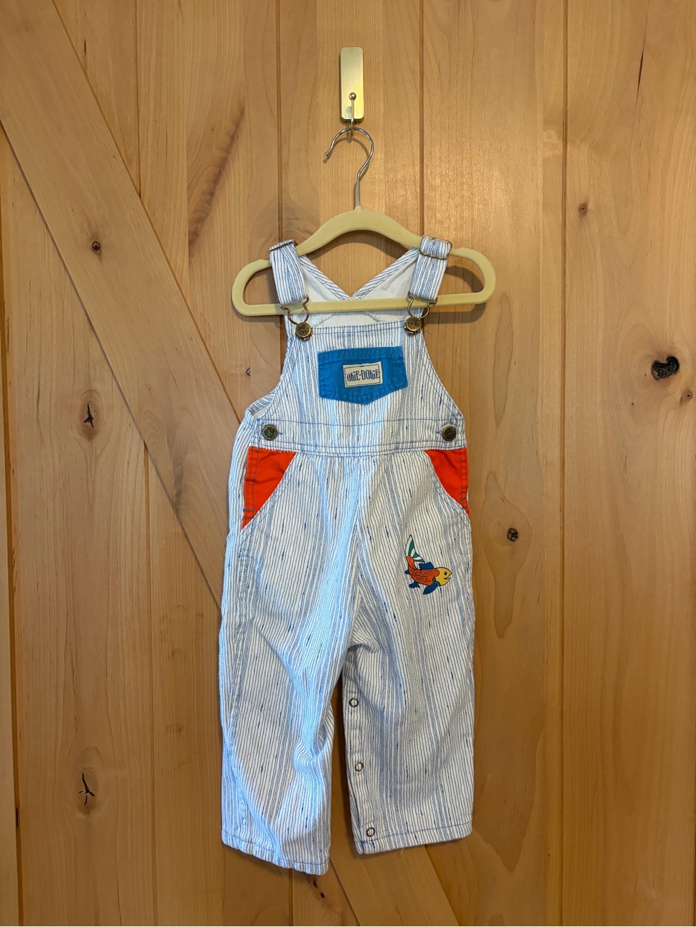 Vintage Okie-Dokie Denim Striped Bib Overalls Toddler 24 Mo 90s Kids Fish